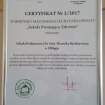Trzeci Wojewódzki Certyfikat Szkoły Promującej Zdrowie dla SP 4