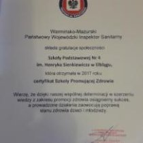 Trzeci Wojewódzki Certyfikat Szkoły Promującej Zdrowie dla SP 4